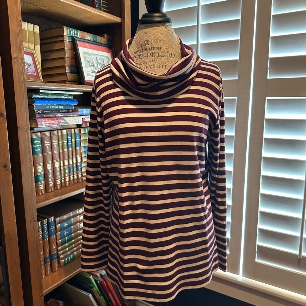 L.L. Bean Maroon and White Striped Cowl Neck